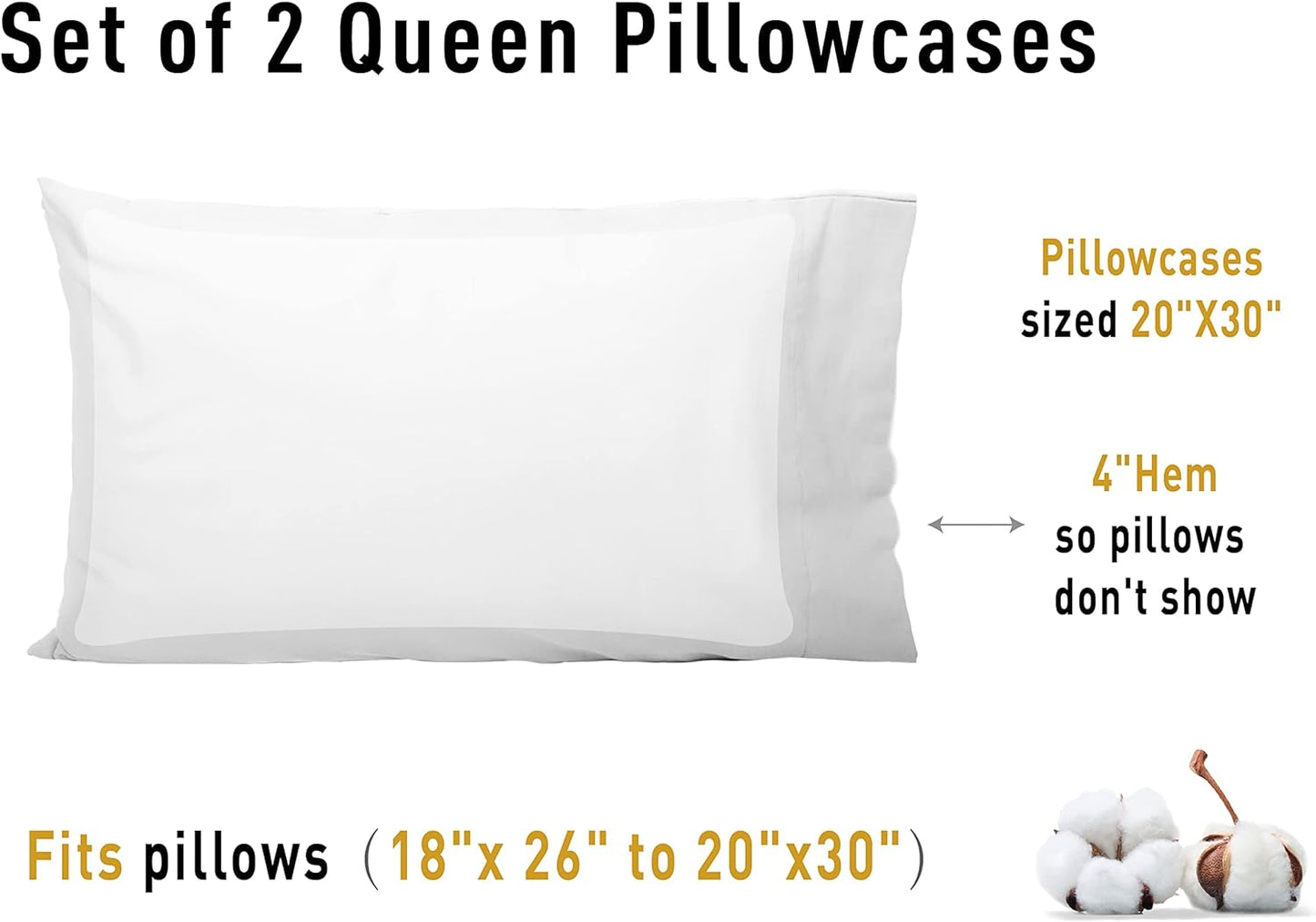 Sunflower Queen Pillowcases - Set of 2, 100% Cotton, Soft & Breathable, 20x30 Inches, Bright White