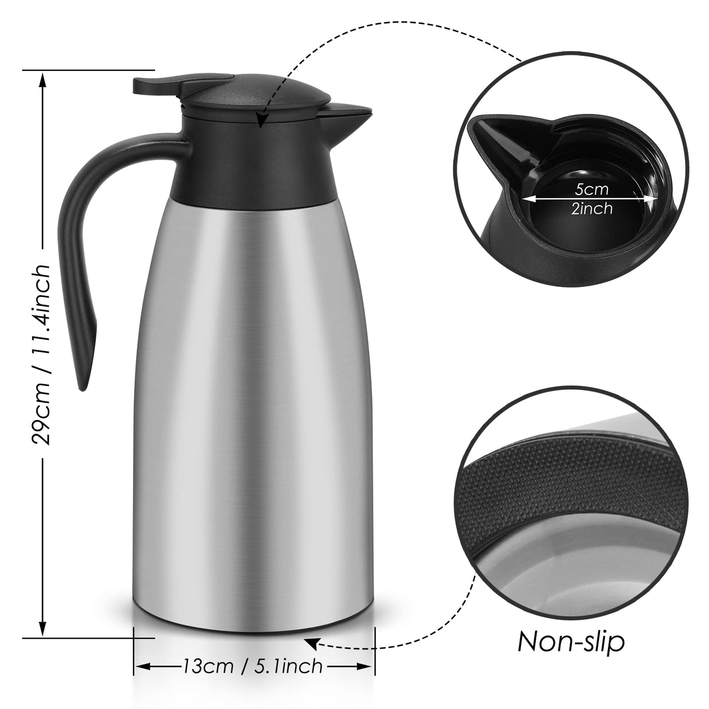 Hossejoy 70 oz / 2 Liter Stainless Steel Thermal Coffee Carafe, Tea, Water, and Coffee Dispenser, Double Walled Vacuum Insulated Carafe, Silver