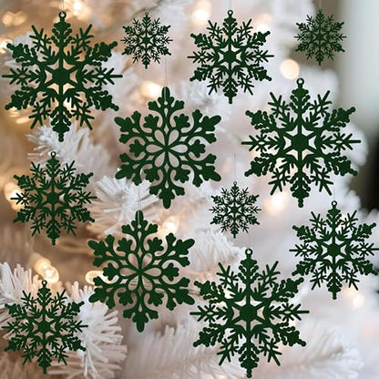 36pcs Dark Green Flocked Christmas Snowflake Ornaments - Hanging Velvet Holiday Decor - Variation: Green