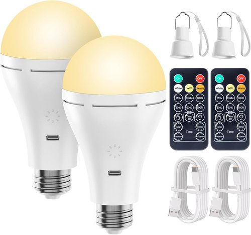 Brightown USB Rechargeable Light Bulb - Remote & Timer for Emergency Power Outages | 700LM, 6000K, 2 Pack