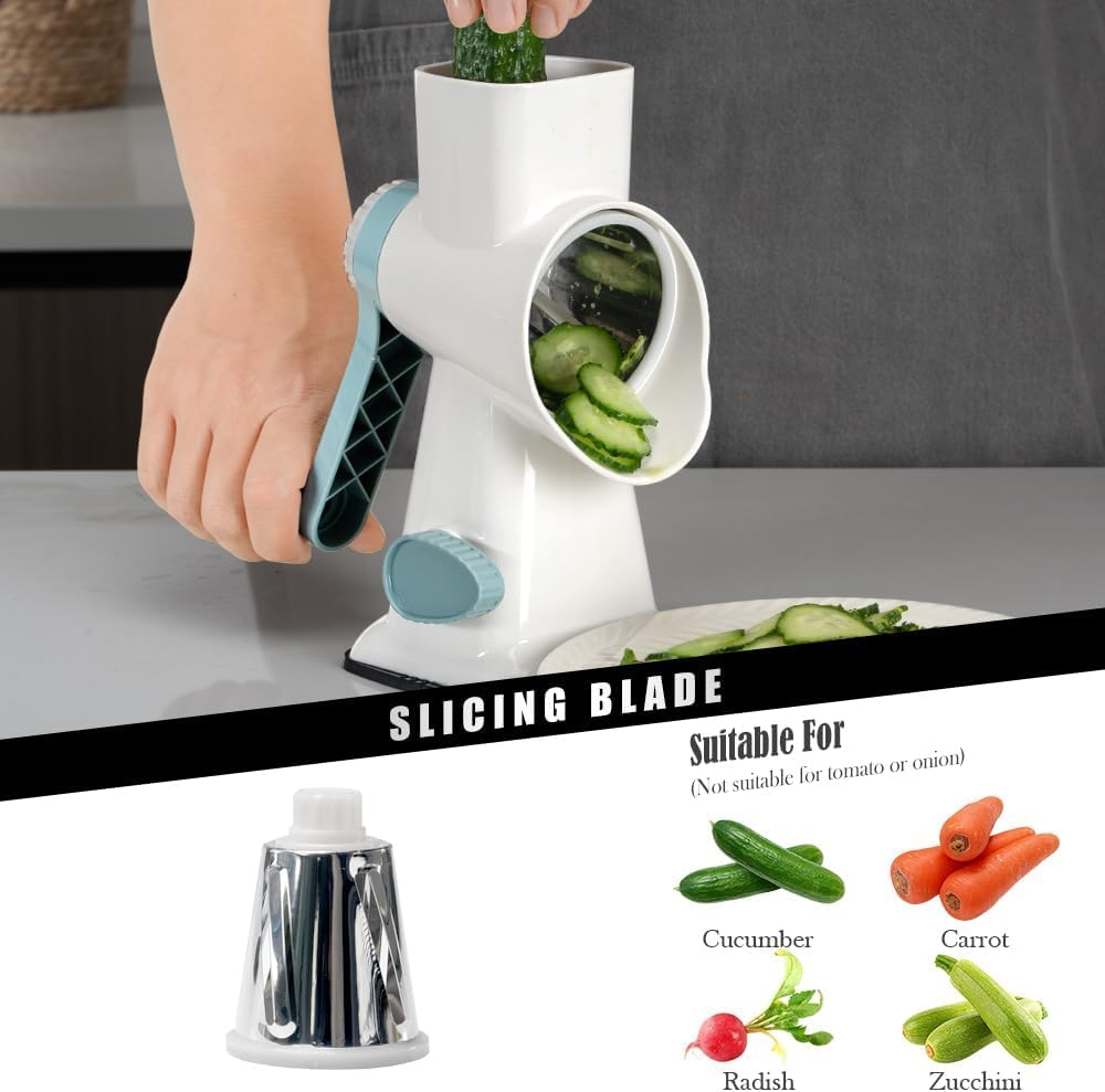 Skiennix Cheese Grater - Hand Crank Stainless Steel Shredder with 3 Blades for Vegetables & Nuts