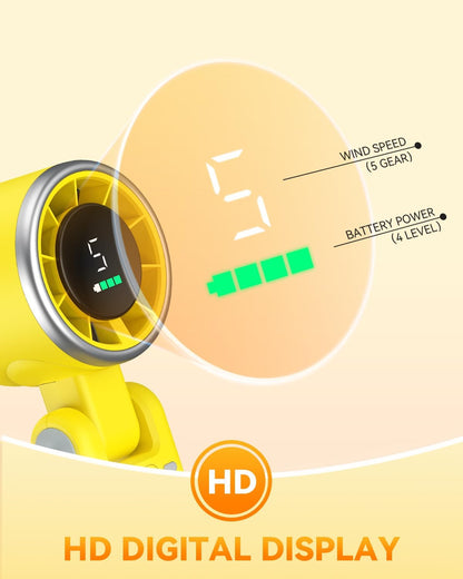 PlayHot Portable Handheld Turbo Fan - 5-Speed Rechargeable 5000mAh Battery | Lightweight 3-in-1 Design (Yellow)