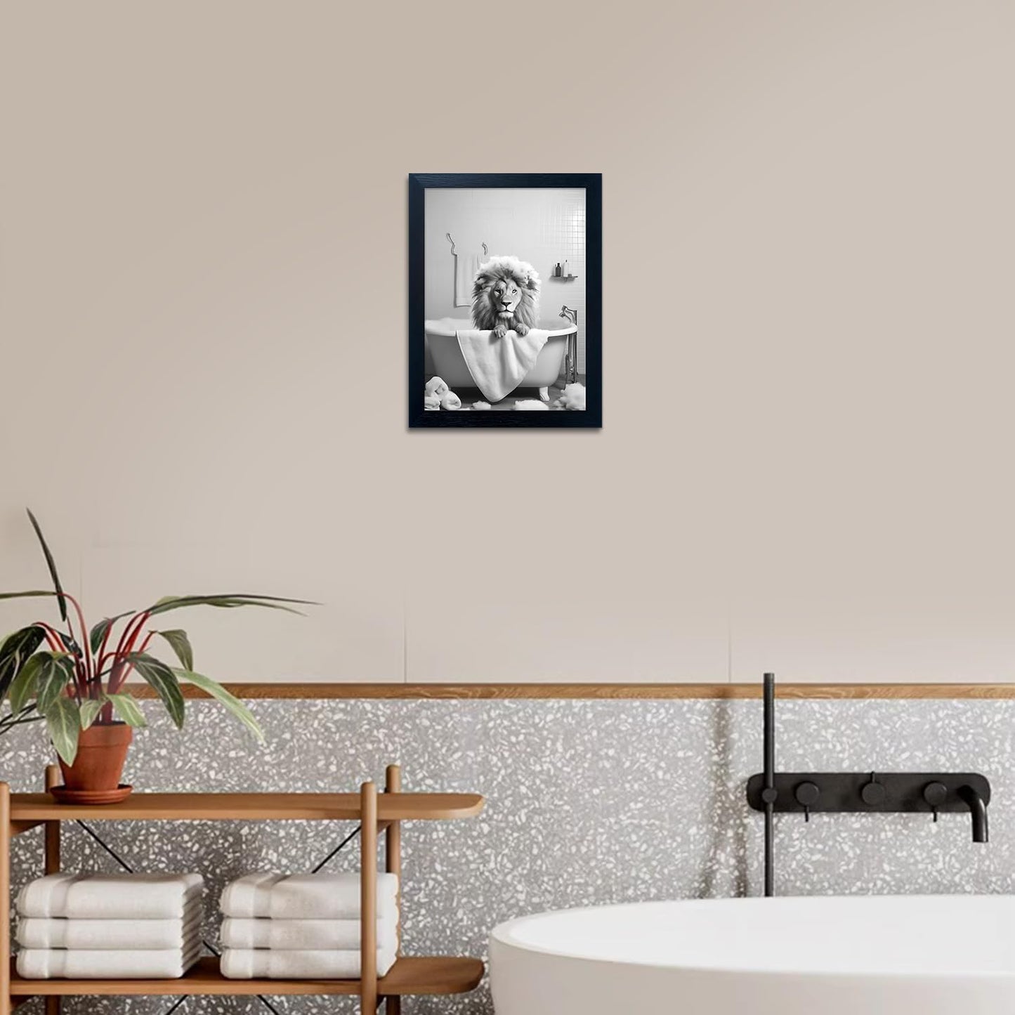 Regine Switzerland Black and White Lion Canvas Wall Art - Funny Animal Print for Bathroom Decor