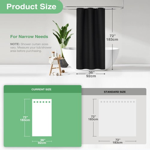 Dynamene Stall Black Fabric Shower Curtain - Waffle Textured Small Heavy Duty Cloth Shower Curtains for Bathroom, 256GSM Narrow Hotel Spa Luxury Bath Curtain Set with 6 Plastic Hooks(36Wx72H, Black)