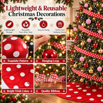 27Pcs Christmas Tree Decoration Set with Polka Dot Ornaments and Tree Skirt