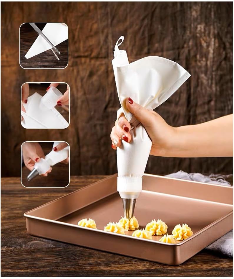 Skiennix 14-Piece Cake Decorating Kit - Reusable Cotton Piping Bags & Icing Tips Set with Couplers and Brush