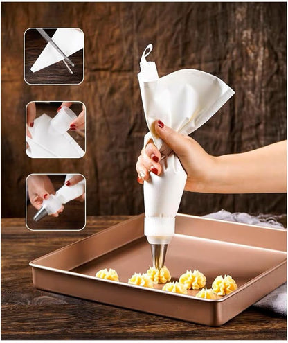 Skiennix 14-Piece Cake Decorating Kit - Reusable Cotton Piping Bags & Icing Tips Set with Couplers and Brush