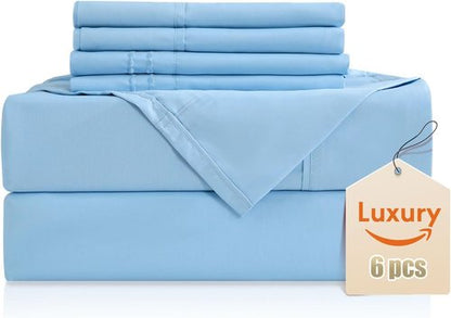 CozySmile Luxury Silky Soft Bed Sheet Set - 6 Piece Full Size | Fits 16" Deep Pocket Mattresses, Wrinkle-Free & Breathable Cooling, Sky Blue
