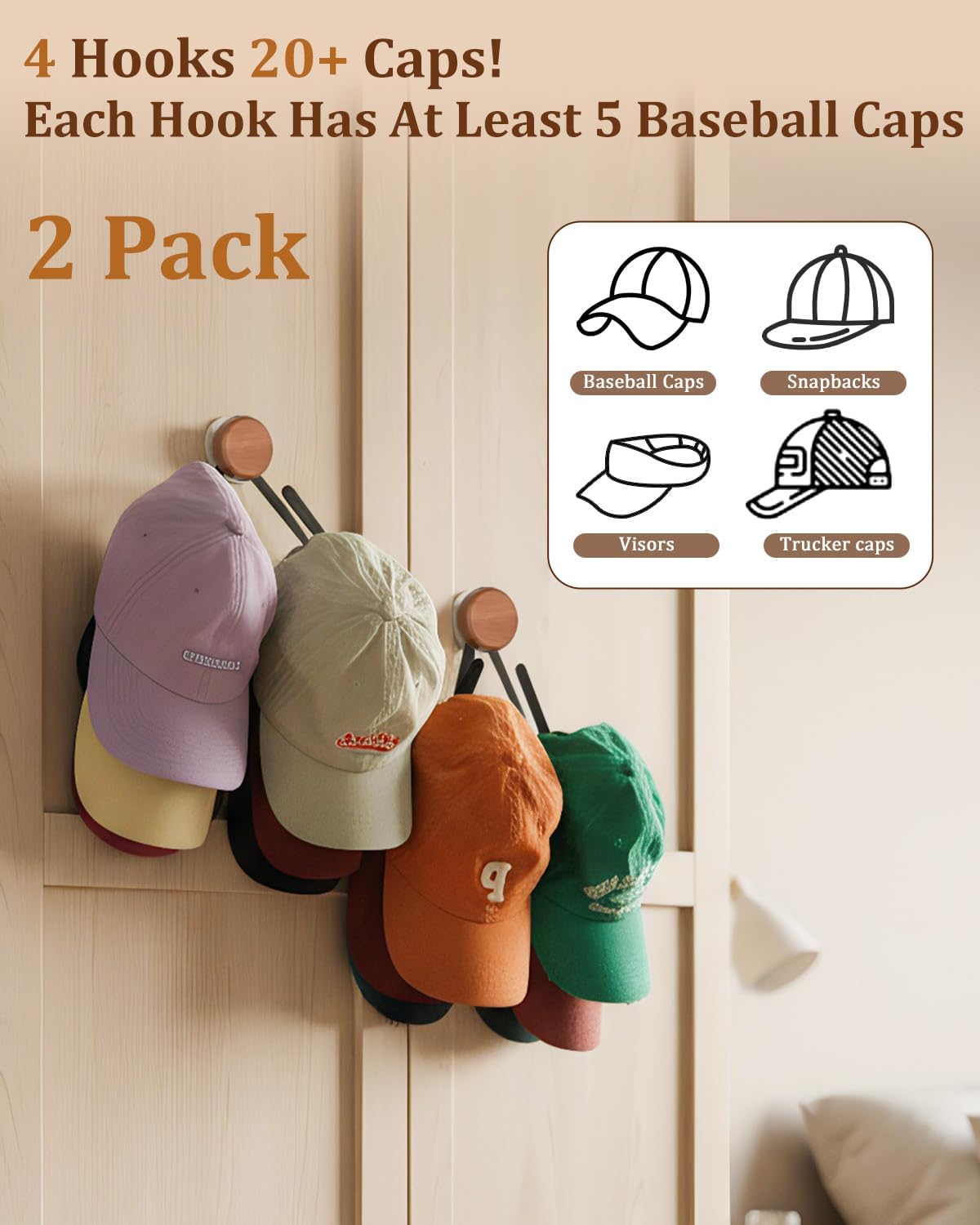 Skiennix Hat Rack - Stainless Steel Wall Organizer | Holds Up to 25 Baseball Caps - 2 Pack