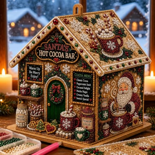 3D Christmas House Diamond Art Kit for Adults with Pearl Beads - Santa Variation
