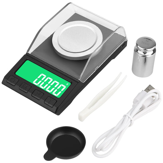 Portable Milligram Scale 100g/0.001g, Diyife Rechargeable Gram Scale with 8 Units, High Precision Powder Scale with Cover, Backlit LCD, Batteries/Tray/Tweezers/100g Calibration Weight Included