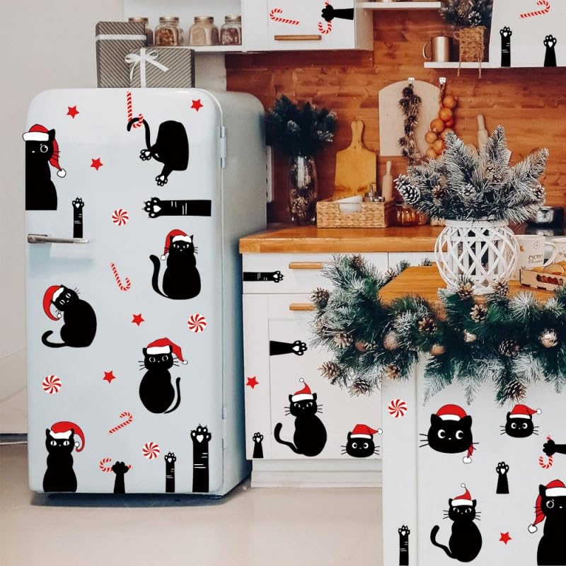 Christmas Black Cat Wall Decals - Candy Cane & Santa Hat Stickers for Holiday Decor