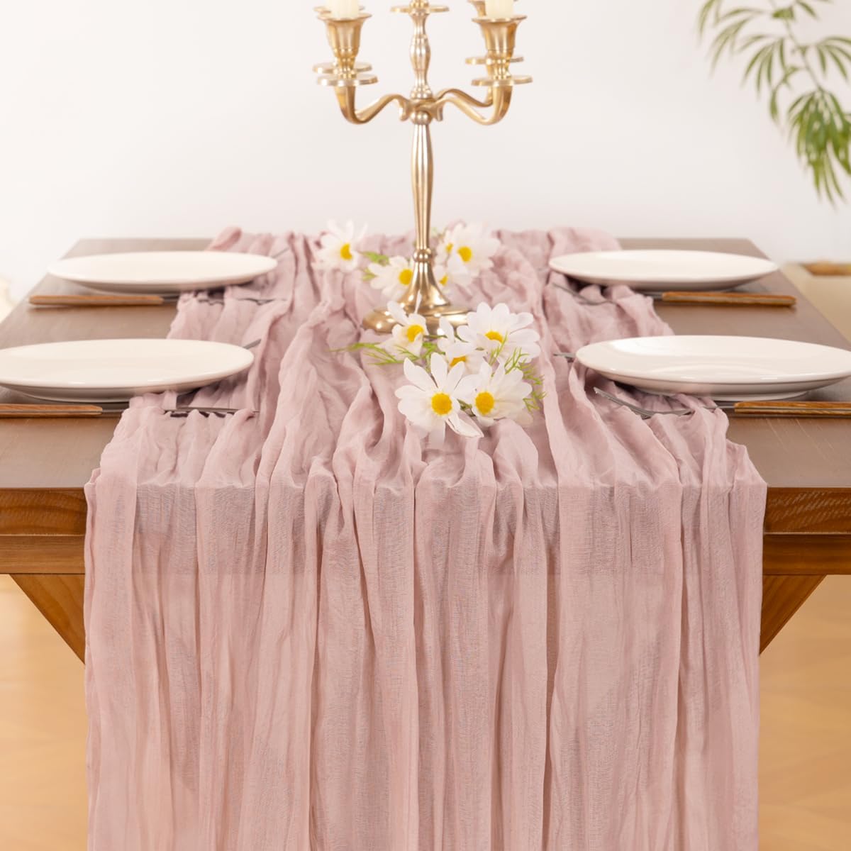 Socomi 6-Piece Pink Cheesecloth Table Runner - Rustic Boho 120-Inch for Weddings & Events