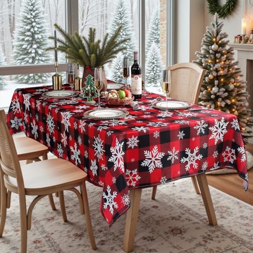 Christmas Tablecloth Rectangle 60x120 Inches Red Plaid Snowflake - Snowflake Black & Red Variation