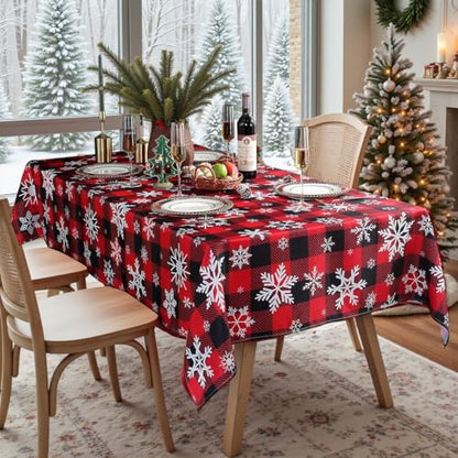 Christmas Tablecloth Rectangle 60x120 Inches Red Plaid Snowflake - Snowflake Black & Red Variation