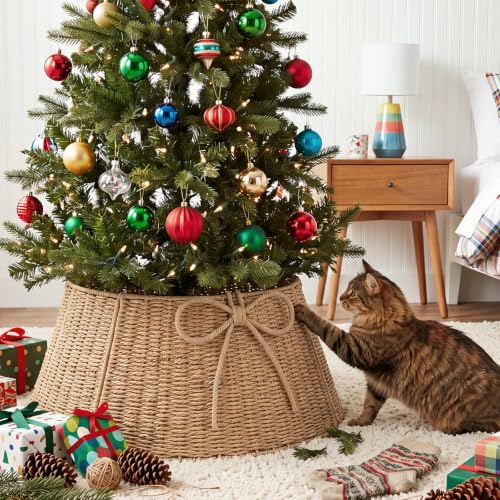 28 Inch Christmas Tree Collar Wicker Tree Skirt Stand Base - Rustic Woven Decor