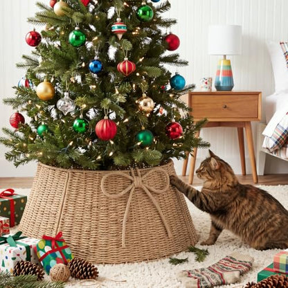 28 Inch Christmas Tree Collar Wicker Tree Skirt Stand Base - Rustic Woven Decor