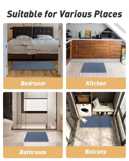 AMOAMI Upgraded Waffle Runner Rug Super Absorbent Non Slip Bath Mats for Bathroom Floor Washable Bathroom Runner Rug with Tassels, Ideal for Hallway Bedroom Laundry Room, Blue, 2' x 4'(24" x 48")