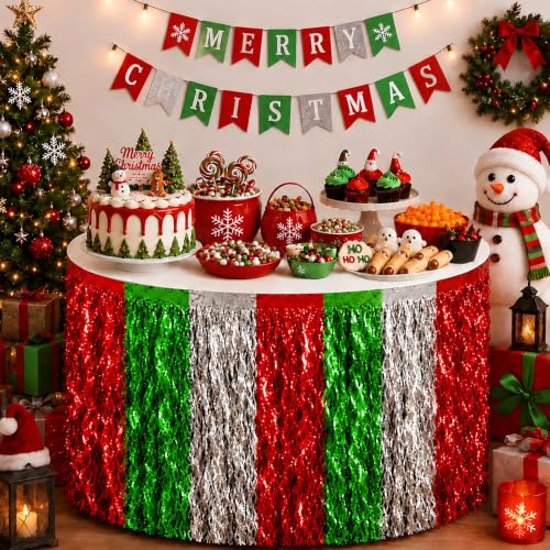 Christmas Decorations - 2 Pack Red Green White Wavy Foil Table Skirts
