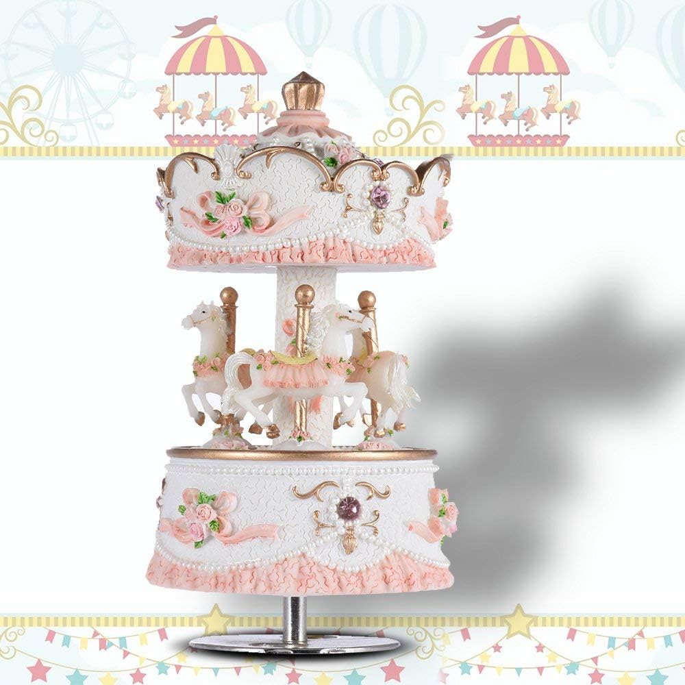 Skiennix Carousel Music Box - 3-Horse Rotating Windup with LED Lights | Pink Musical Gift for Girls