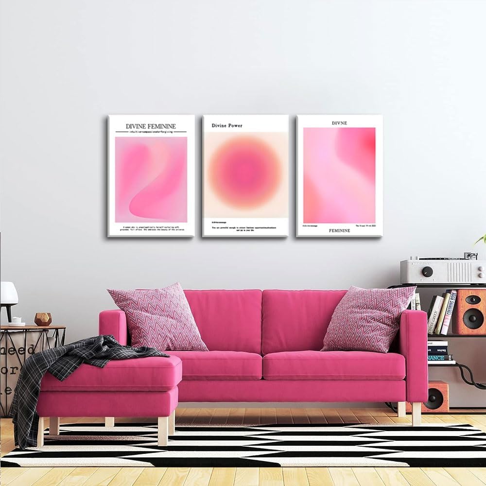 Trendy Aesthetic Canvas Wall Art - Set of 3 Pink Gradient Aura Angel Prints | Framed 12x16 Inch Room Decor