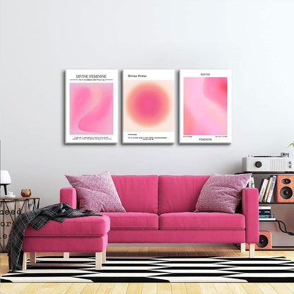 Trendy Aesthetic Canvas Wall Art - Set of 3 Pink Gradient Aura Angel Prints | Framed 12x16 Inch Room Decor
