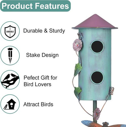 BAYN 57” Metal Birdhouse Stake - Double-Hole Wild Bird Feeder with Cylinders Design for Outdoor Decor