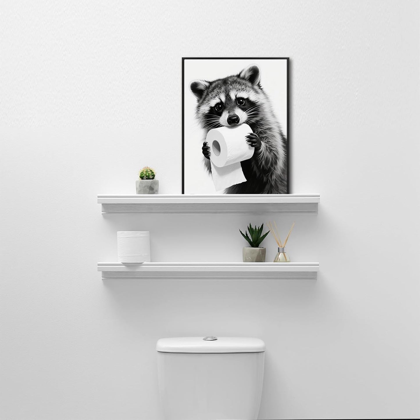 Pinetree Art Cute Raccoon Wall Decor - Framed Black and White Bathroom Art for Guest Restrooms