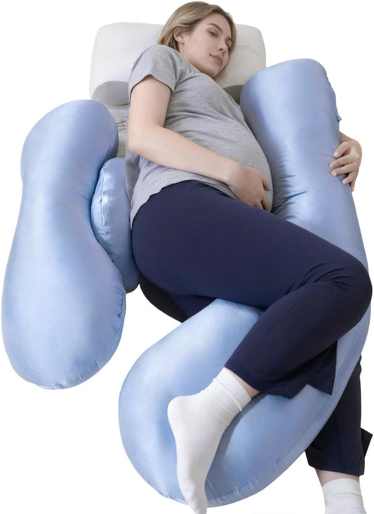 Skiennix Pregnancy Pillow - Adjustable H-Shaped Full Body Support with Cooling Cover | Ideal for Side Sleepers (Blue)