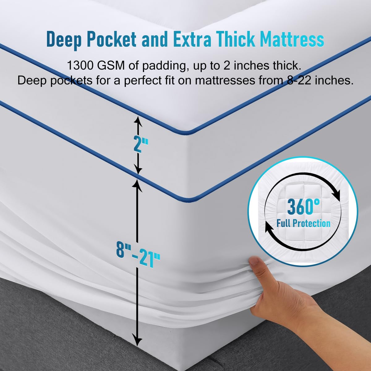 Extra Thick Mattress Topper King Size, Cooling Mattress Pads Cover for Ultimate Comfort, Overfilled 1300 GSM Down Alternative Filling with 8-21 Inch Deep Pocket (78x80 in,Sleep Blue)