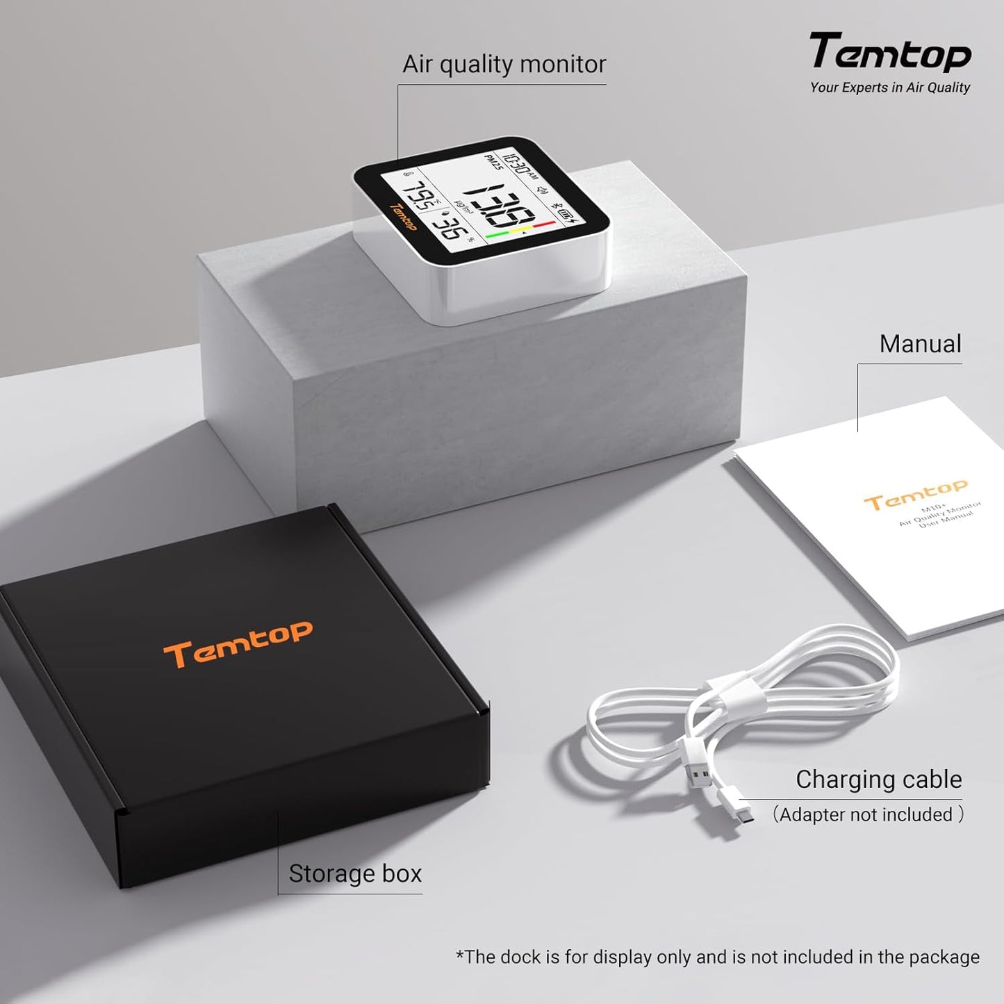 Temtop M10+ Indoor Air Quality Monitor - 6-in-1 PM2.5 & VOC Detector with E-Ink Display | Battery Powered, App-Enabled Temperature & Humidity Sensor