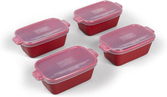 Souper Cubes Stoneware - Small 5" x 3" Ceramic Baking Dish Set with Silicone Covers | Perfect for Single Serve Portions - Cranberry