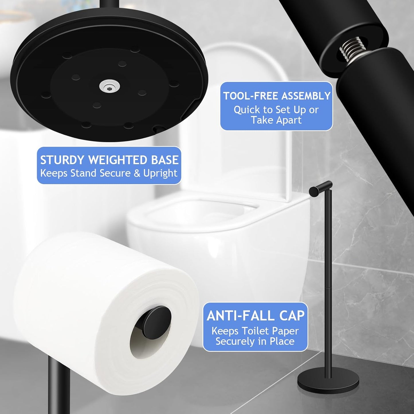 TACGEA Toilet Paper Holder - Free Standing Stainless Steel Design | Holds 4 Rolls - Matte Black
