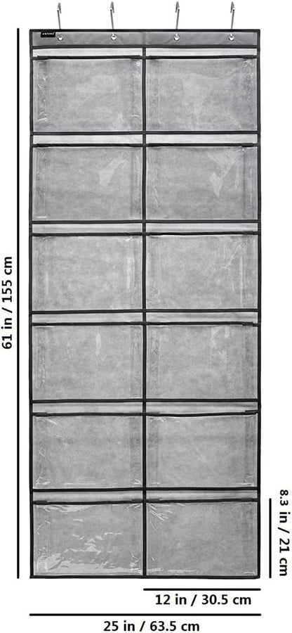 Skiennix Extra Large Shoe Organizer - Hanging Rack with 12 Clear Pockets | Grey Bedroom & Bathroom Storage