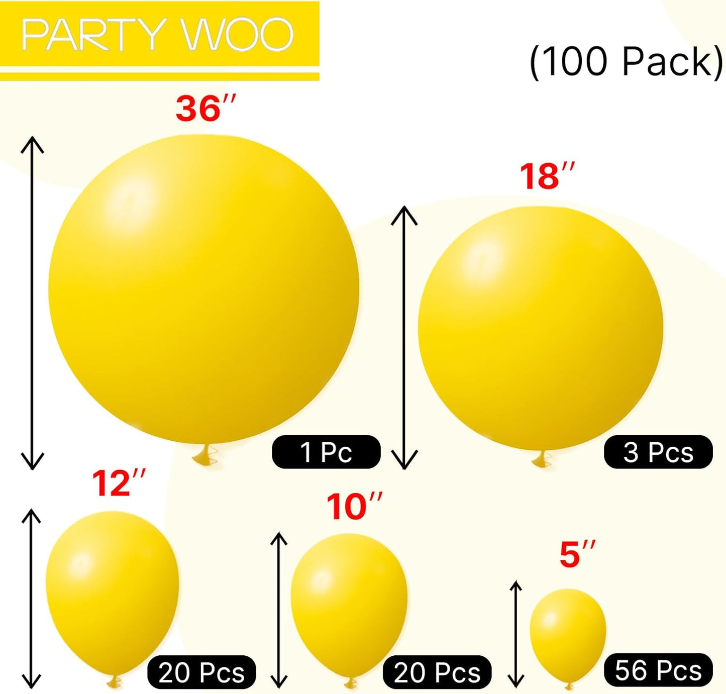 PartyWoo Yellow Balloons - 100 Pcs Matte Light Yellow Latex Balloons for Baby Showers & Birthdays | Various Sizes 5-36 Inch