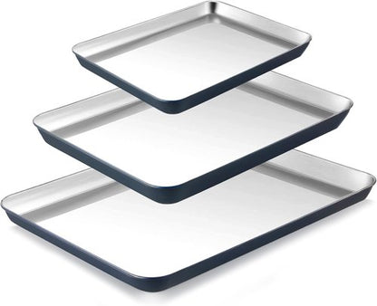 BRONYPRO Stainless Steel Baking Sheet Pan Set | Non-Toxic, Warp-Resistant Cookie Trays - 9/12/16 In, Navy