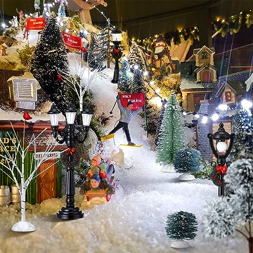 Christmas Village Scene Set with Miniature Trees & Street Lamps - 14 Pcs