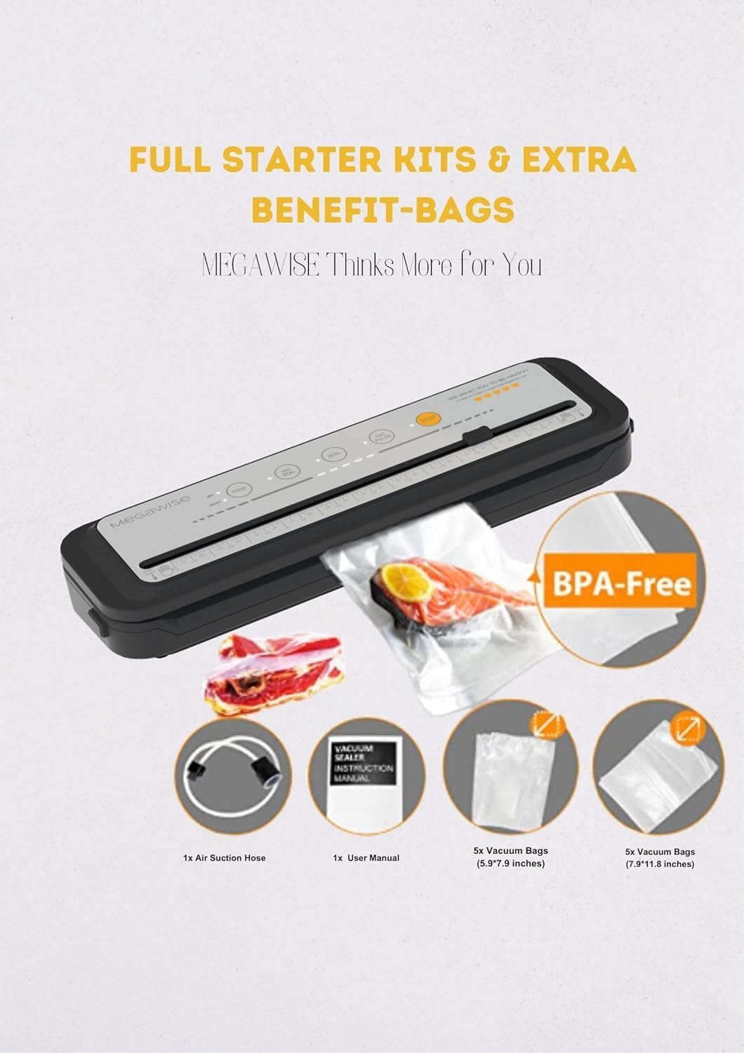MEGAWISE Vacuum Sealer Machine 2025 - Powerful One-Touch Design | Seals in 10-20 Seconds | Includes 10 Bags & Cutter