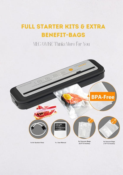 MEGAWISE Vacuum Sealer Machine 2025 - Powerful One-Touch Design | Seals in 10-20 Seconds | Includes 10 Bags & Cutter