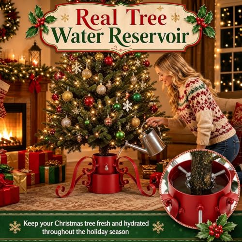 Metal Christmas Tree Stand with Water Reservoir - Red, 5ft Trees