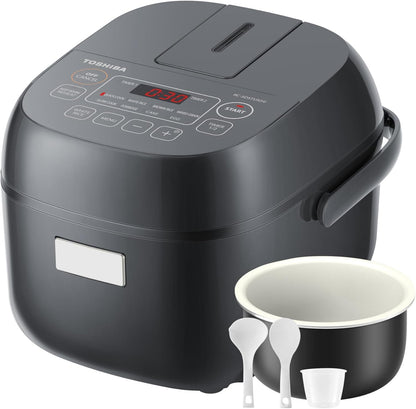 TOSHIBA 3-Cup Rice Cooker - LCD Display with 8 Cooking Functions & Non-Stick Pot | Grey
