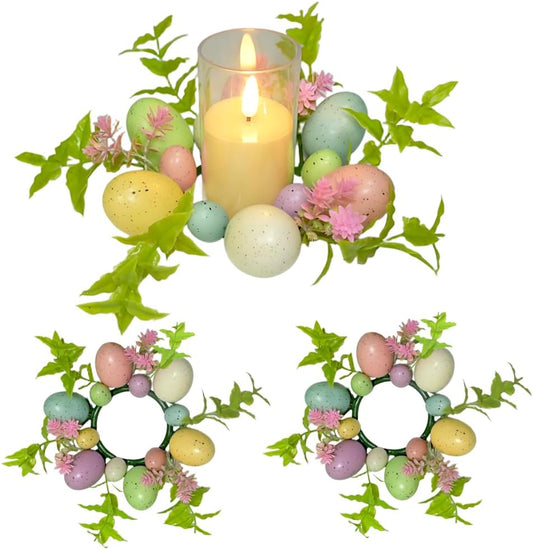 Skiennix Easter Egg Candle Rings - 3-Piece Mini Wreath Set for Spring Home Decor | 9" Pastel Holders
