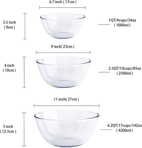 Homwin Glass Mixing Bowl Set - 3-Piece High Borosilicate Bowls for Baking & Serving | Microwave & Dishwasher Safe (1qt, 2.5qt, 4.2qt)