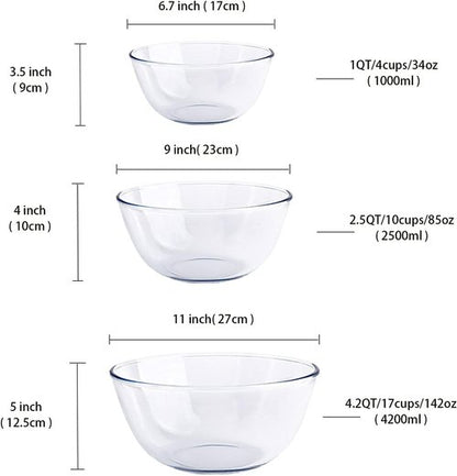 Homwin Glass Mixing Bowl Set - 3-Piece High Borosilicate Bowls for Baking & Serving | Microwave & Dishwasher Safe (1qt, 2.5qt, 4.2qt)