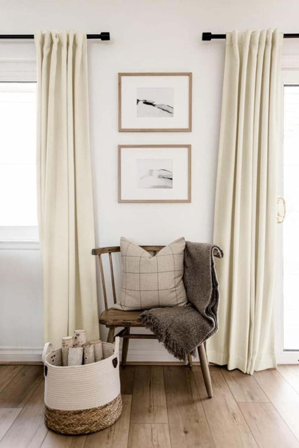 Skiennix 100% Blackout Linen Curtains - Thermal Insulated Drapes for Bedroom | 84" Long, Light Cream, 2 Panels Set
