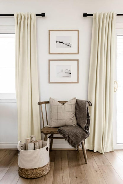 Skiennix 100% Blackout Linen Curtains - Thermal Insulated Drapes for Bedroom | 84" Long, Light Cream, 2 Panels Set