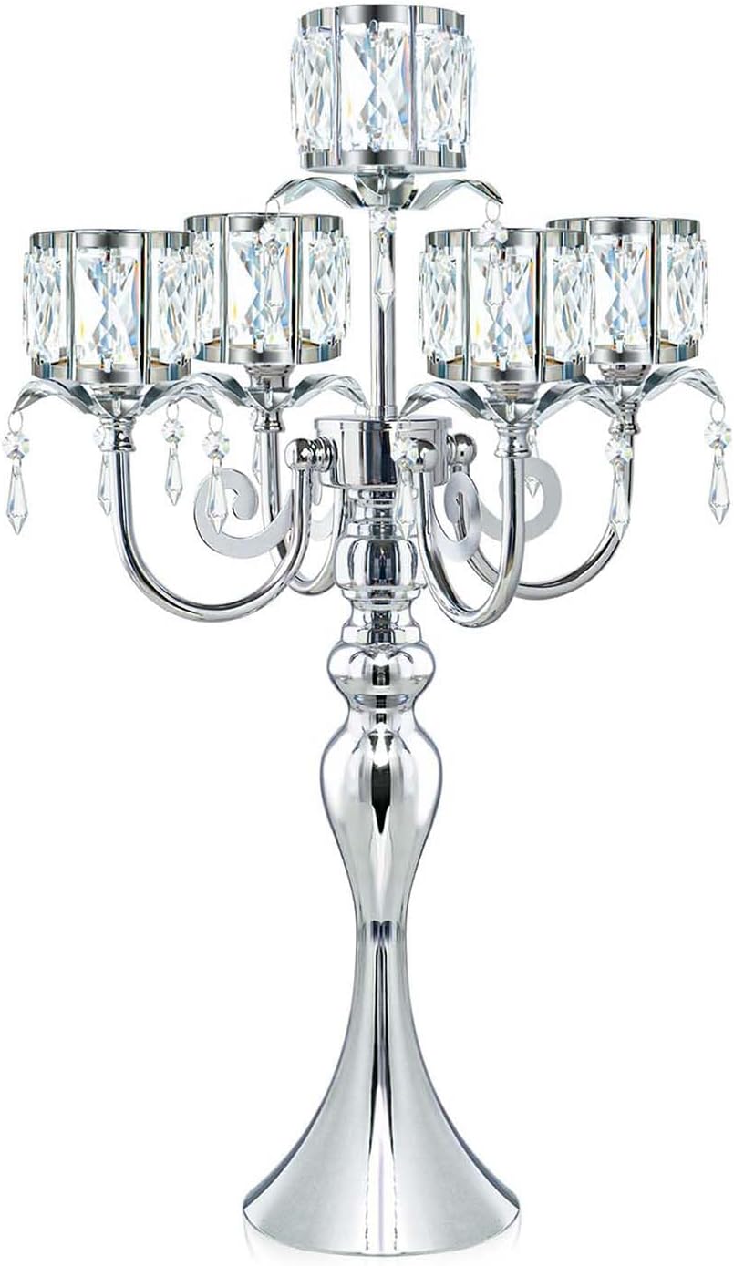Regine Switzerland Silver 5-Arm Crystal Candle Holder - 22-Inch Elegant Table Centerpiece for Weddings & Home Decor