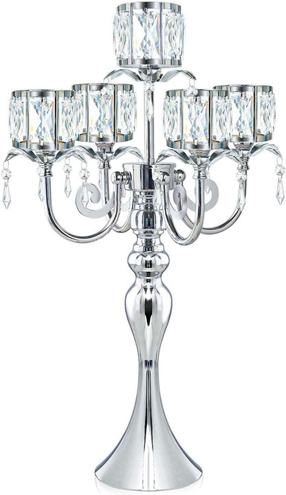 Regine Switzerland Silver 5-Arm Crystal Candle Holder - 22-Inch Elegant Table Centerpiece for Weddings & Home Decor