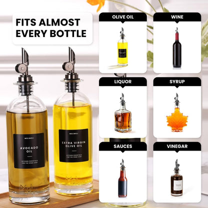 Molimoli Pack of 4 Premium Liquor Pour Spout Made of Stainless Steel with Automatic Anti-Oxidation Mechanism, Bottle Pourers for Alcohol and Wine, Olive Oil Dispenser Spout, Oil Bottle Spout, Black