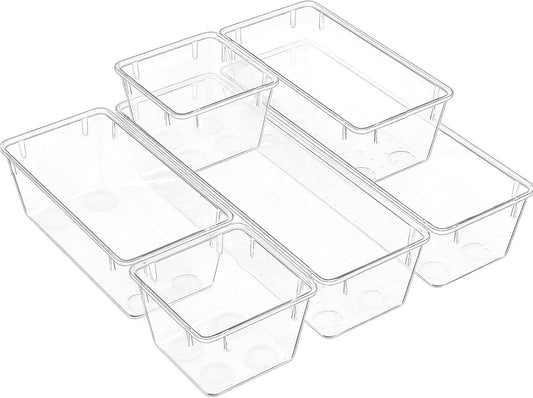 Skiennix Clear Acrylic Drawer Organizer - 5 Size Storage Trays for Makeup, Desk & Bathroom | Home & Office Use